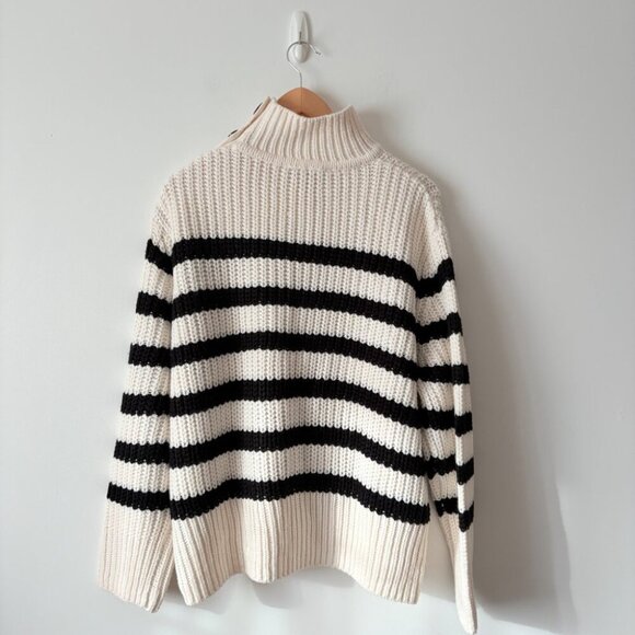 Zara Striped Knit Sweater Button Sleeve White Ecru Black Size Medium - Picture 6 of 8